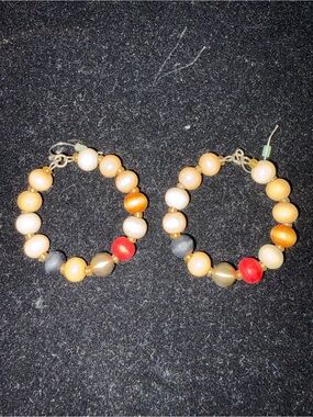 Beaded Hoop Earrings in Red, Gold, Black and Cream